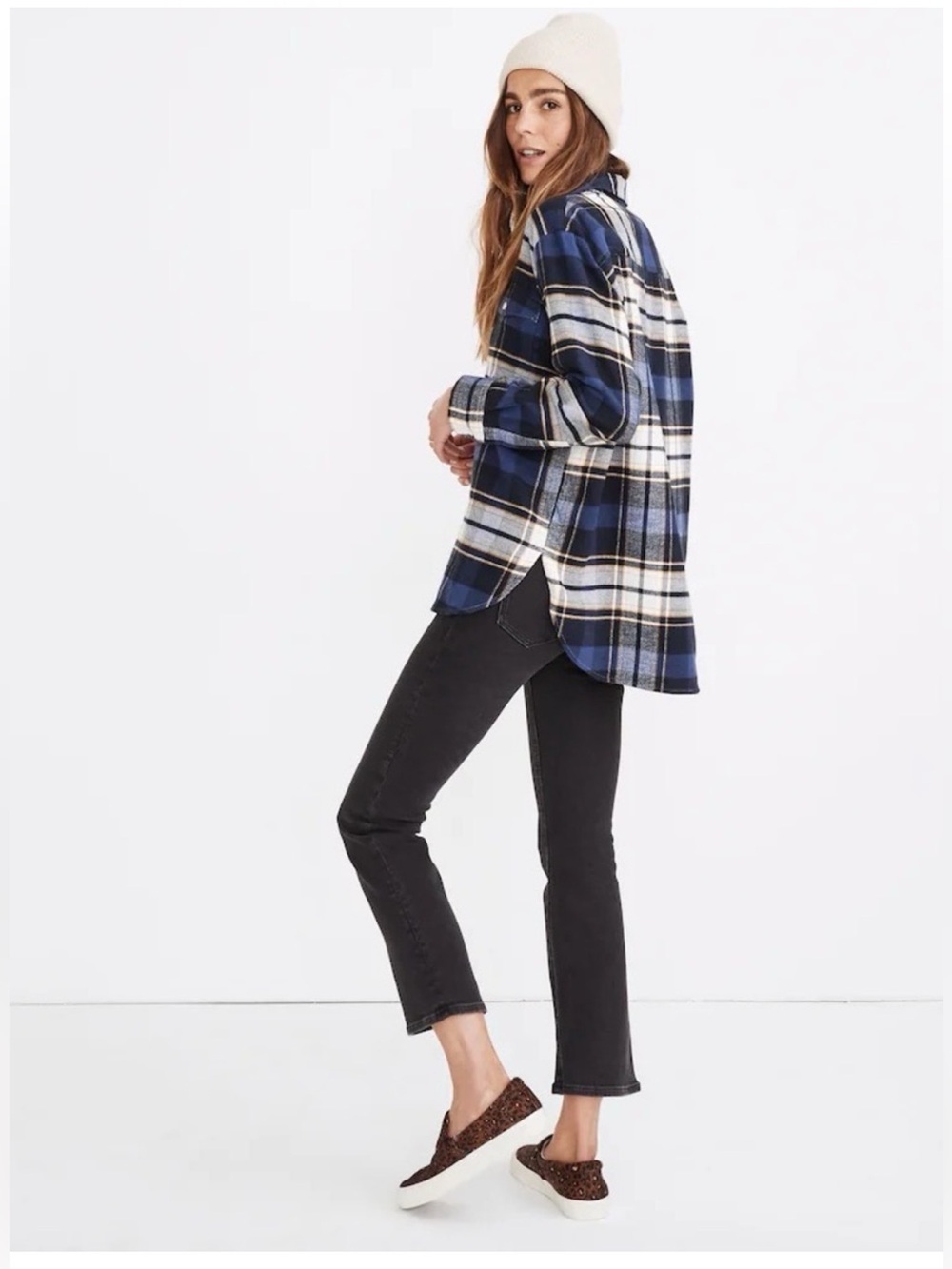Madewell WPlaid Button-Up Flannel Shirt in Navy, Blue & Cream size Medium